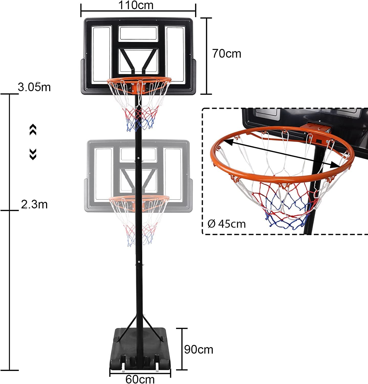 HENGMEI 3.05m Canestro da esterno, Attrezzatura da Basket per Parco Giochi Interno, Canestro da Basket Regolabile in Altezza con Ruote di Supporto per Bambini e Adulti, Nero