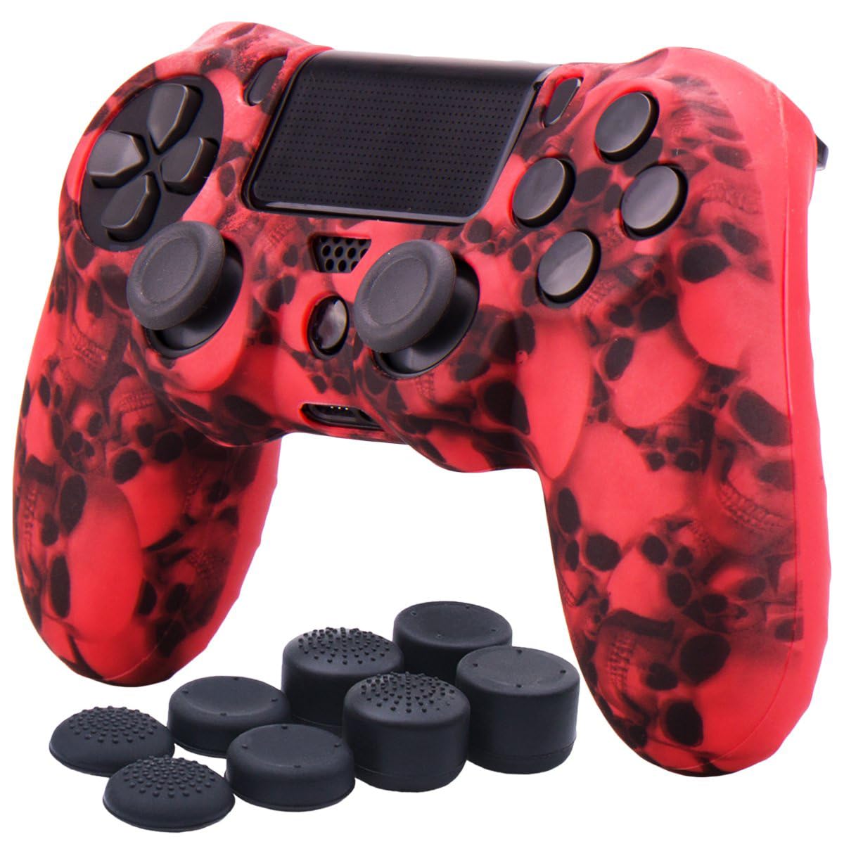 YoRHa Water Transfer Printing Skull Silicone Cover Skin Case for Sony PS4/slim/Pro Dualshock 4 Controller x 1(red) With Pro thumb grips x 8