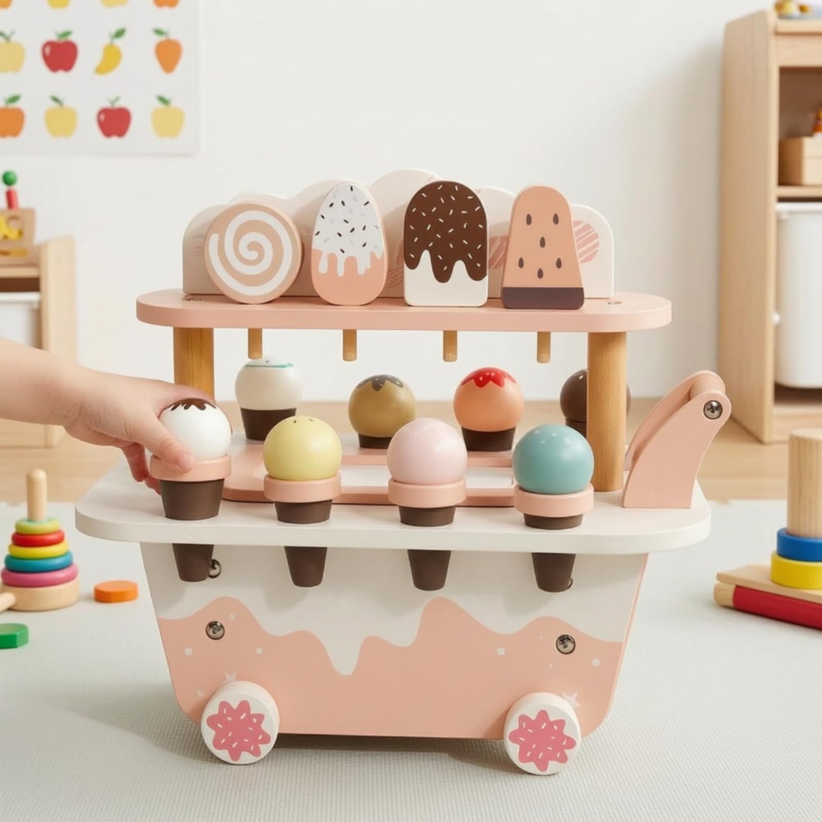 Kinder Rollenspiel Wagen Holz Dessertwagen Eisdiele Spielzeug Verkaufswagen Marktstand mit Spielgeld Und EIS Zubehör Kompakte Tischgröße Und Robuste für Vorschule Kinderzimmer