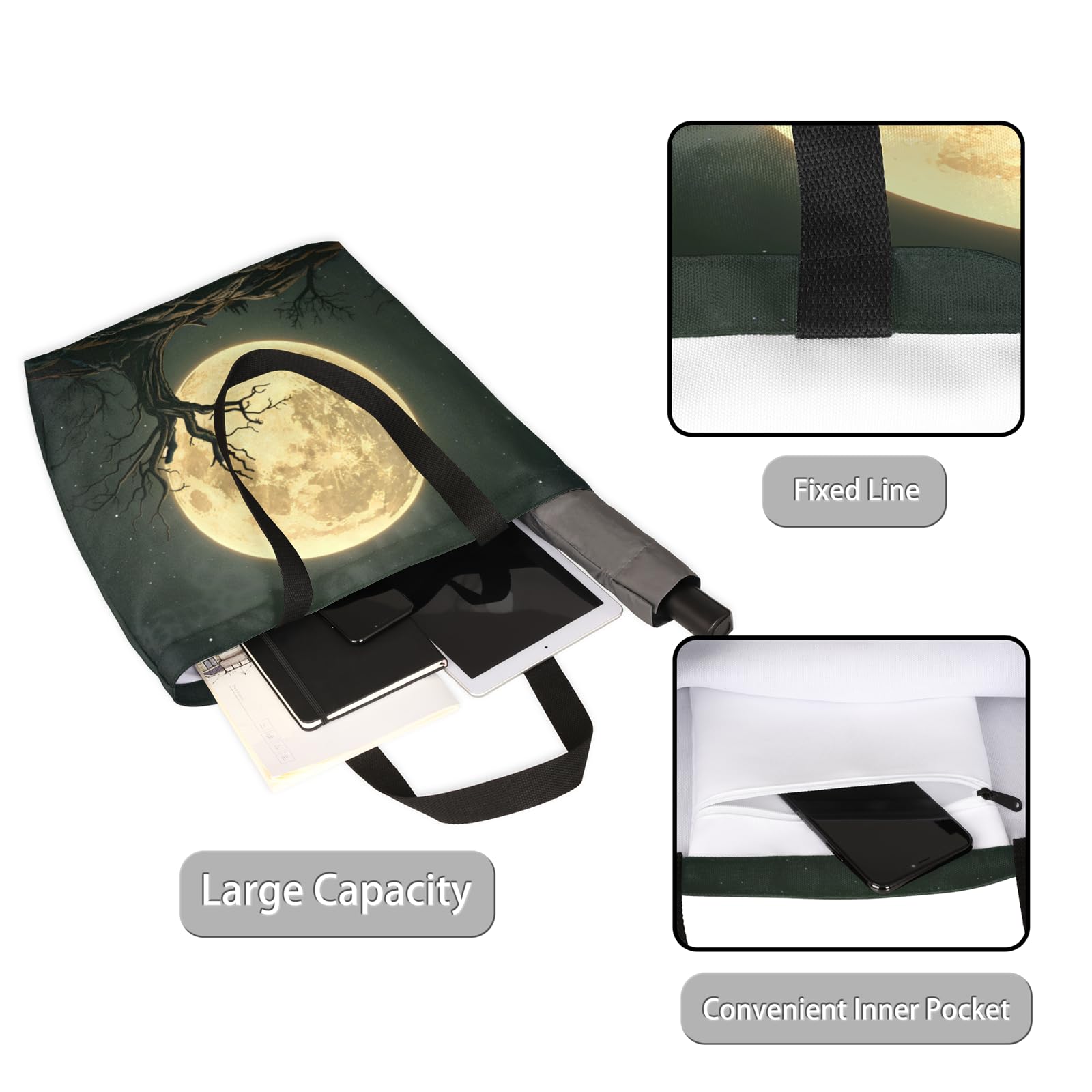 Mularoka Halloween Moon Tree Large Capacity Canvas Tote Bag Stylish Handheld Shoulder Bag Reusable Shopping Bag for Work Travel Beach Trips Shopping