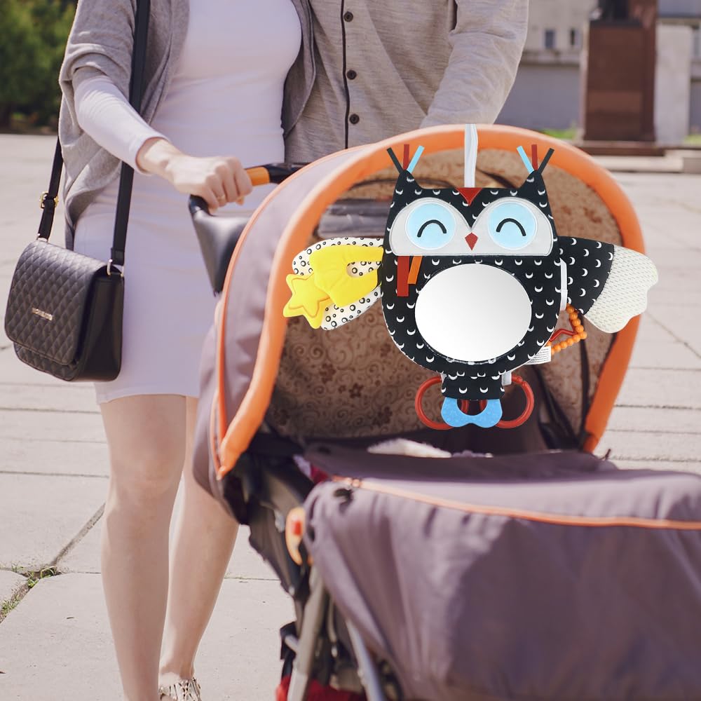 Giocattolo da Appendere per attività per Bambini con Specchio per Auto in-Sight, Regolabile per seggiolini Auto, passeggini, culle e Tempo sulla Pancia, con sonagli (Owl)