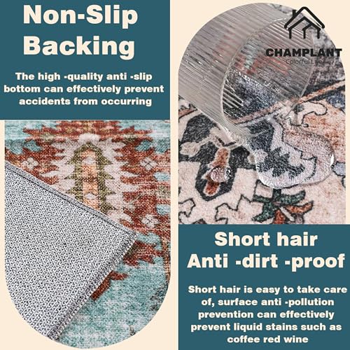 Washable Area Rug 10'x14' Blue Khaki Retro Flowers Boho Design Non-Shedding Easy Care Ideal for High Traffic Areas in Living Room Bedroom Office Coffee Table Kitchen Large Carpet