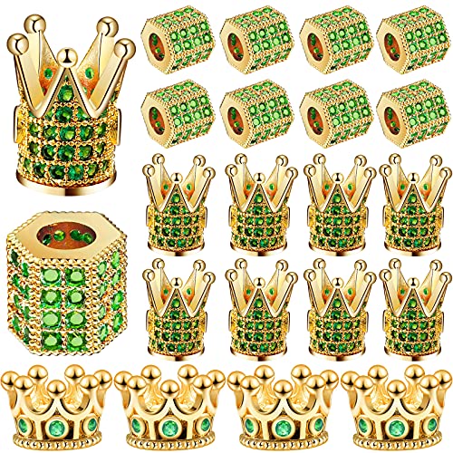20 Pieces King Crown Charms Beads Hexagon Spacer Beads Set, Rhinestone Charm Hexagon Big Hole Bracelet Connector for DIY Jewelry Crafts Making Supply (Gold, Green Rhinestone)