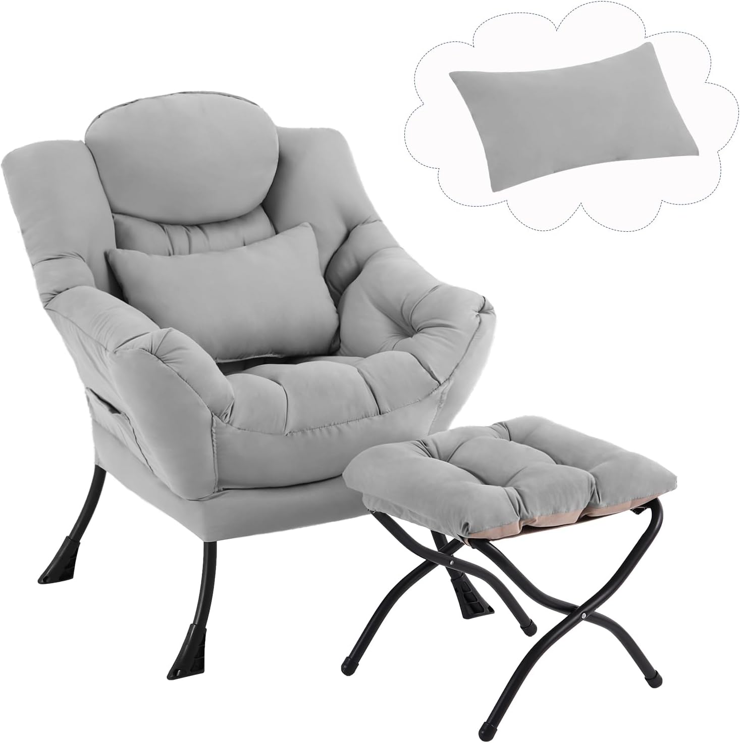 Lazy Chair with Ottoman, Modern Lounge Chair with Lumbar Pillow, Accent Cozy Reading Armchair and Folding Footstool for Bedroom, Dorm, Living Room,Light Grey