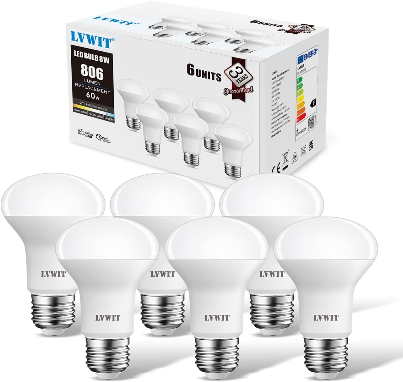 R63 Reflector E27 LED Bulb, 6-Pack, LVWIT 8.5W Daylight White 6500K 806Lm 60W Replacement Non-Dimmable Reflector Bulb