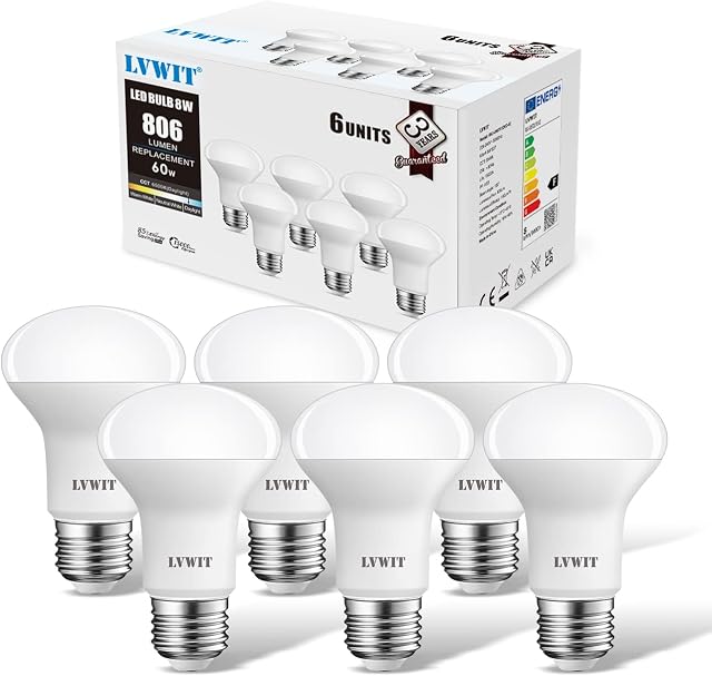 LVWIT Daylight 8W Reflector E27 LED Spotlight Bulbs, R63 E27 Spotlight Bulb Cold White ,60W Equivalent,6500K,806Lm ,R63 Spotlight Bulbs,130 Degree Beam Angle,220-240V,Non-Dimmable ( Pack of 6)
