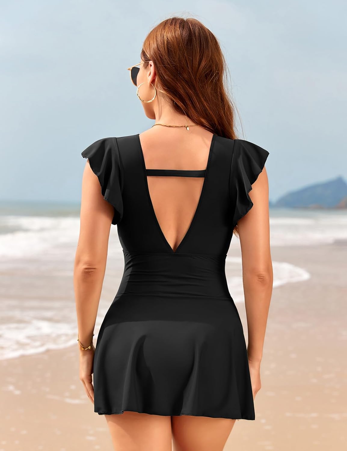 Women One Piece Swim Dress Tummy Control Swimsuits Ruffle V Neck Slimming Bathing Suits Tie Knot Swimwear - Image 2