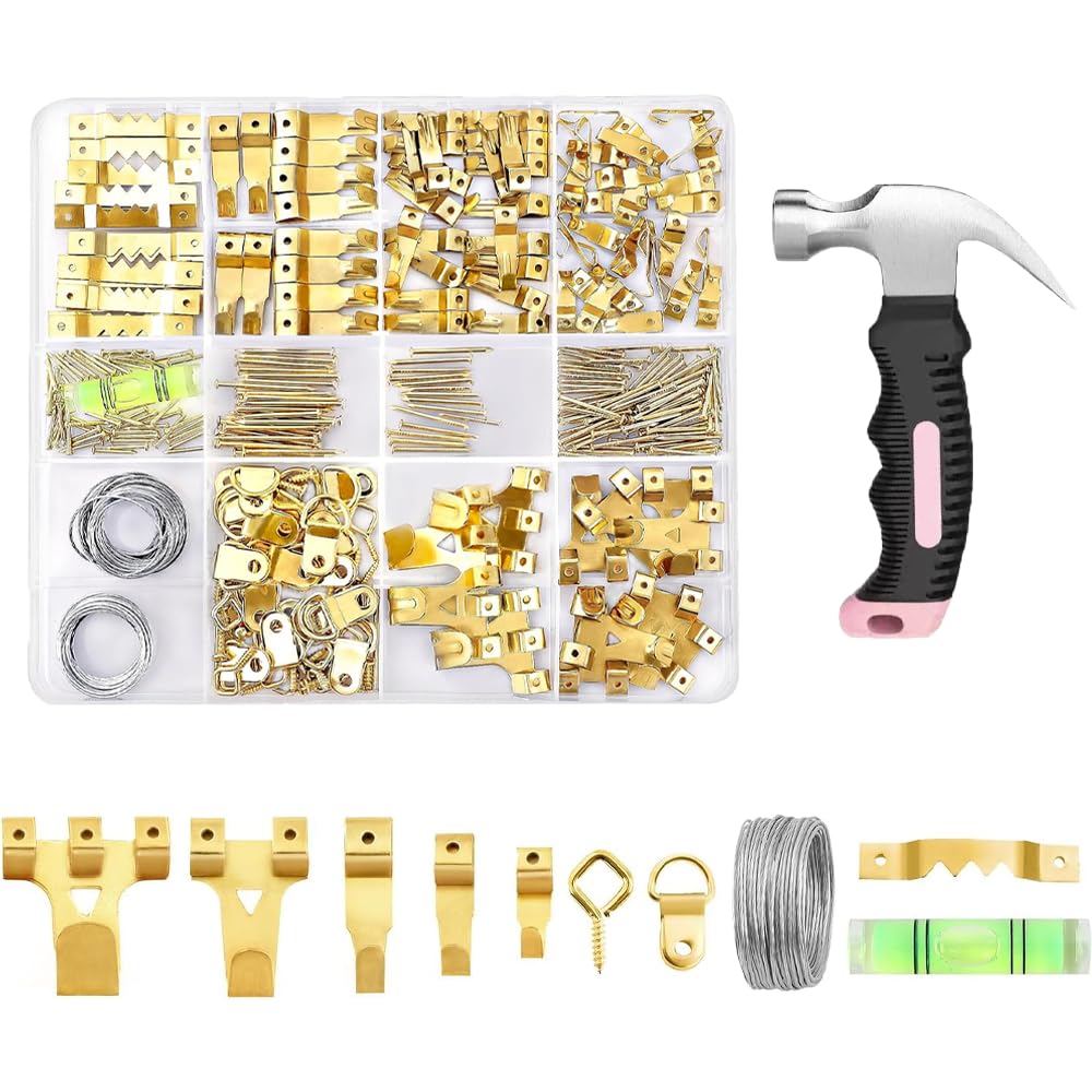 ZAselect Bilder-Aufhängeset, Bilderaufhänger, robuste Rahmenhaken-Sortiment mit Bilderdraht, D-Ringen, Hardware-Nägeln, Ösenhaken, goldene, robuste Rahmenhaken für Rahmenmontage, 331-teilig