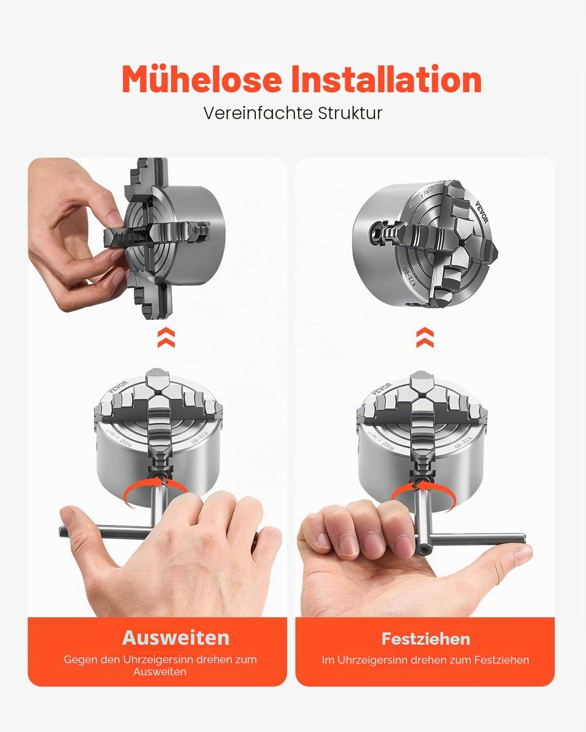 VEVOR 4-Backen-Drehfutter, 80 mm, Spannfutter, 5-80 mm Spannbereich mit T-Schlüssel-Befestigungsschrauben, umkehrbare Backen, HT300-Material, für Holz-Metall-Drehmaschine
