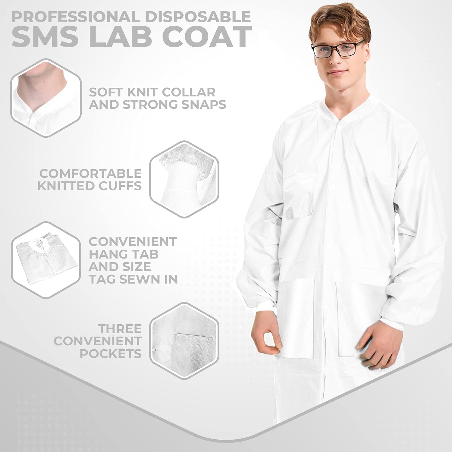 10 Pack Disposable Lab Coats - Durable 50g SMS Knee Length Reusable Lab Coat with Knit Cuffs and Pockets, Unisex | For Dental, Hospitals, Pharmacies, Labs, Clinics- White, Extra Large - Image 2