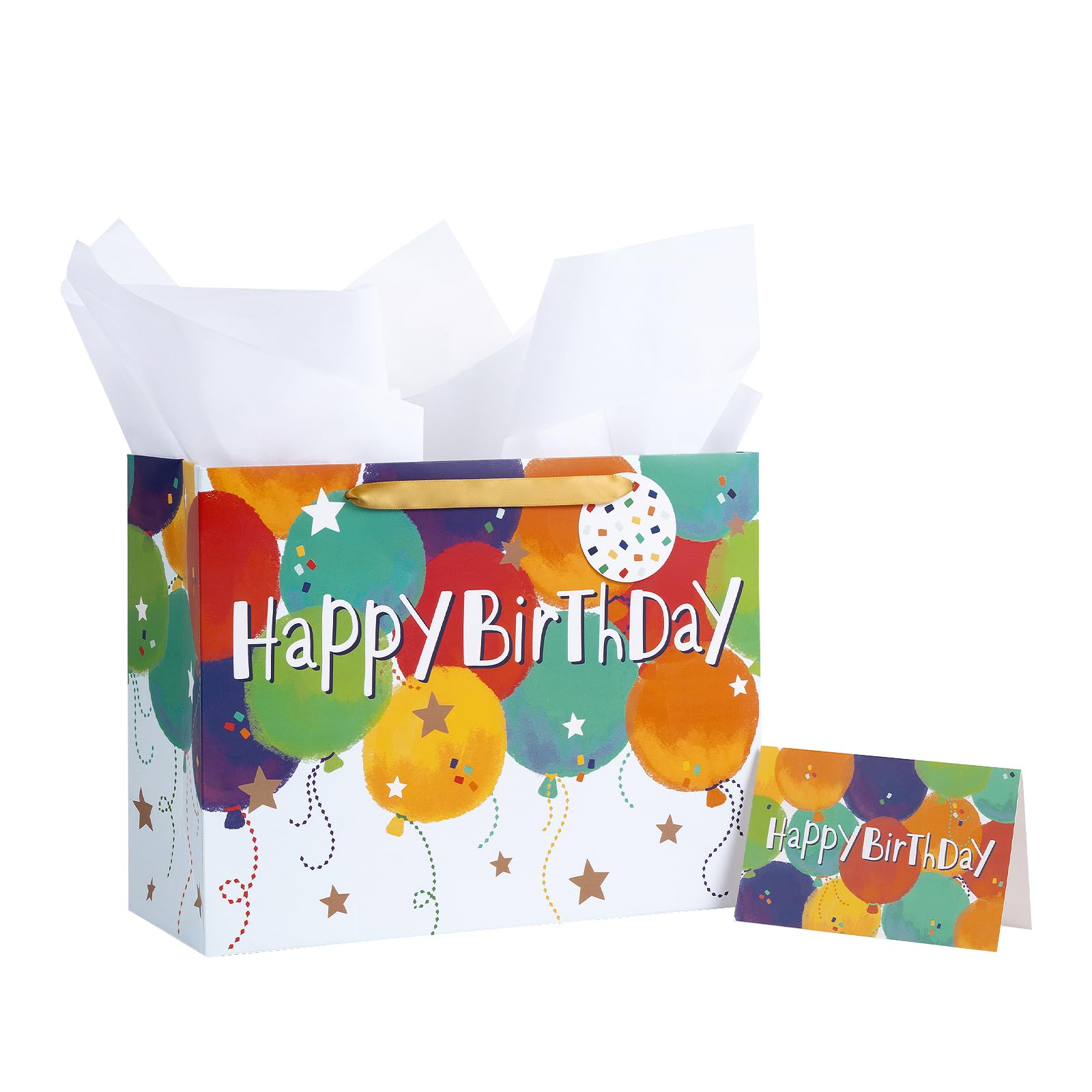 Loveinside Colorful Birthday Gift Bag Balloons Pattern with HAPPY BIRTHDAY Text Matching Tissue Paper Greeting Card and Tag