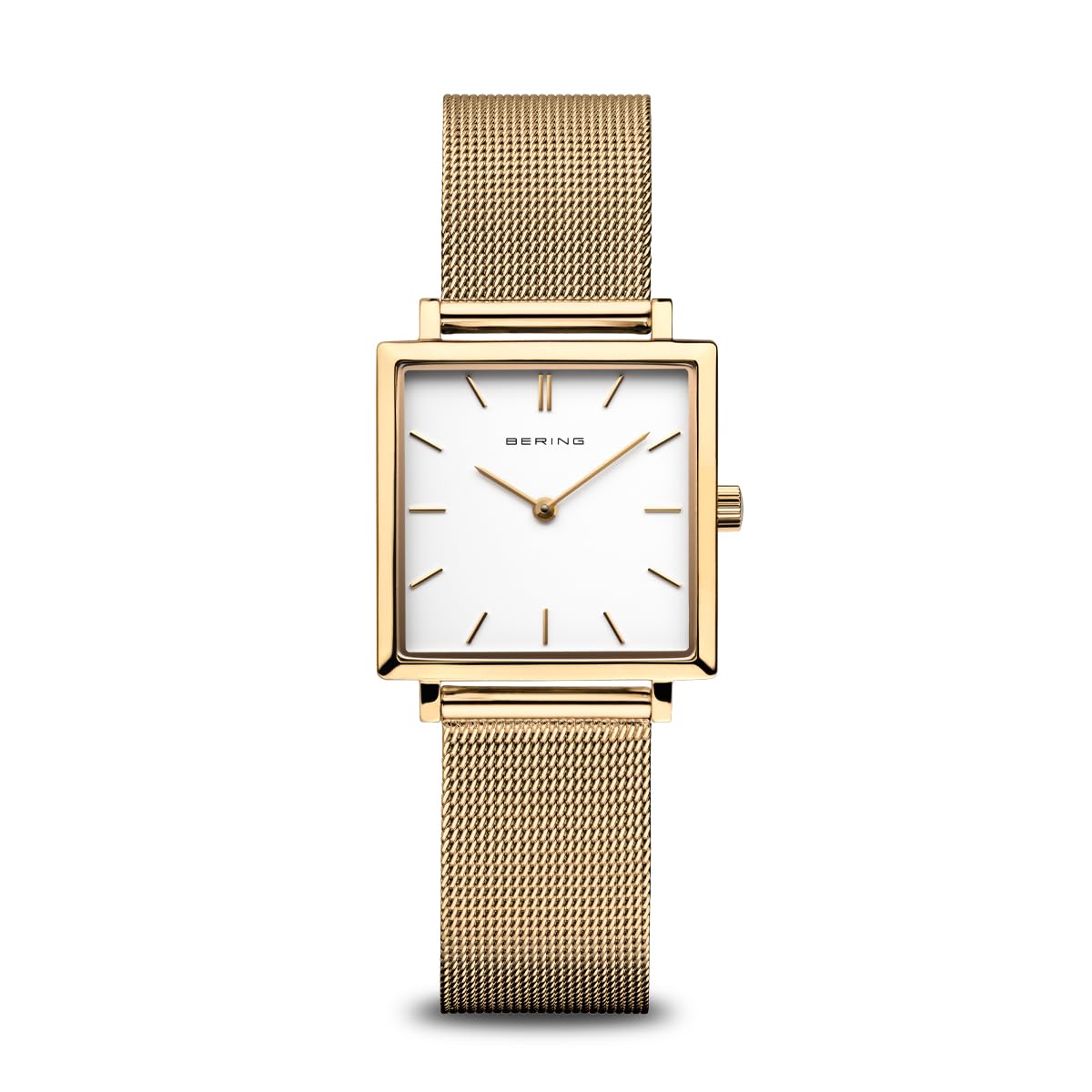 BERING Damen Quarz Uhr | Armbanduhr 26 mm goldenes Edelstahlgehäuse und weißes Zifferblatt | Milanaisearmband | Saphierglas | 3 ATM | 18226-334