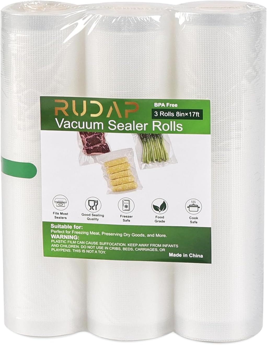 Vacuum Sealer Bags 3 Rolls 8″x16′ for Food Saver, Seal a Meal, Commercial Grade, BPA Free, Heavy Duty, Great for vac storage, Meal Prep or Sous Vide