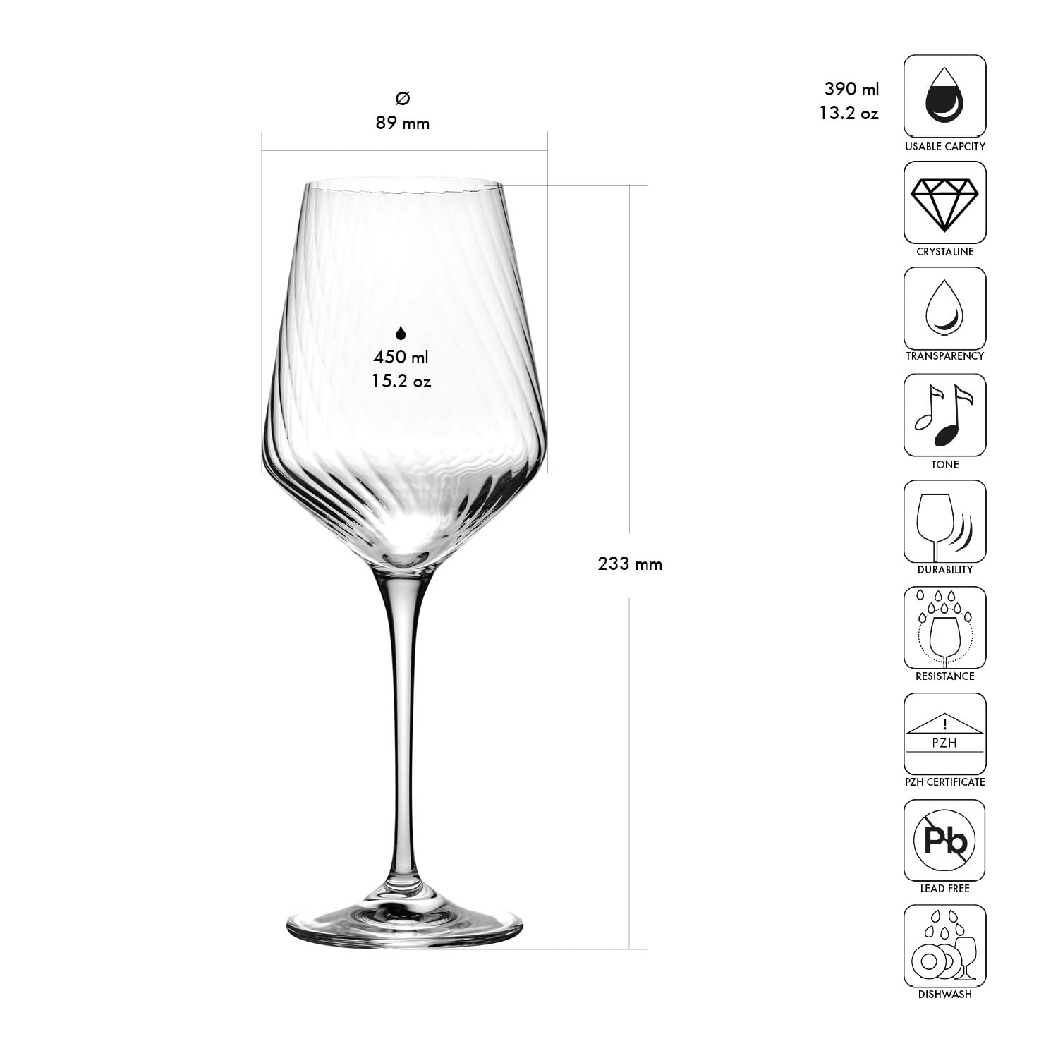 KROSNO Kieliszki do Białego Wina Avant-Garde LUMI, Zestaw 6 x 450 ml | Szkło Kryształowe Bezołowiowe, zdobienie optyczne, do chardonnay, win musujących i koktajli, zmywarka