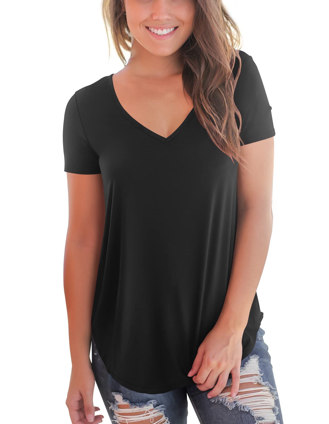 liher Womens T Shirts Casual V Neck Short Sleeve Solid Color Basic Summer Tops Tee Shirts