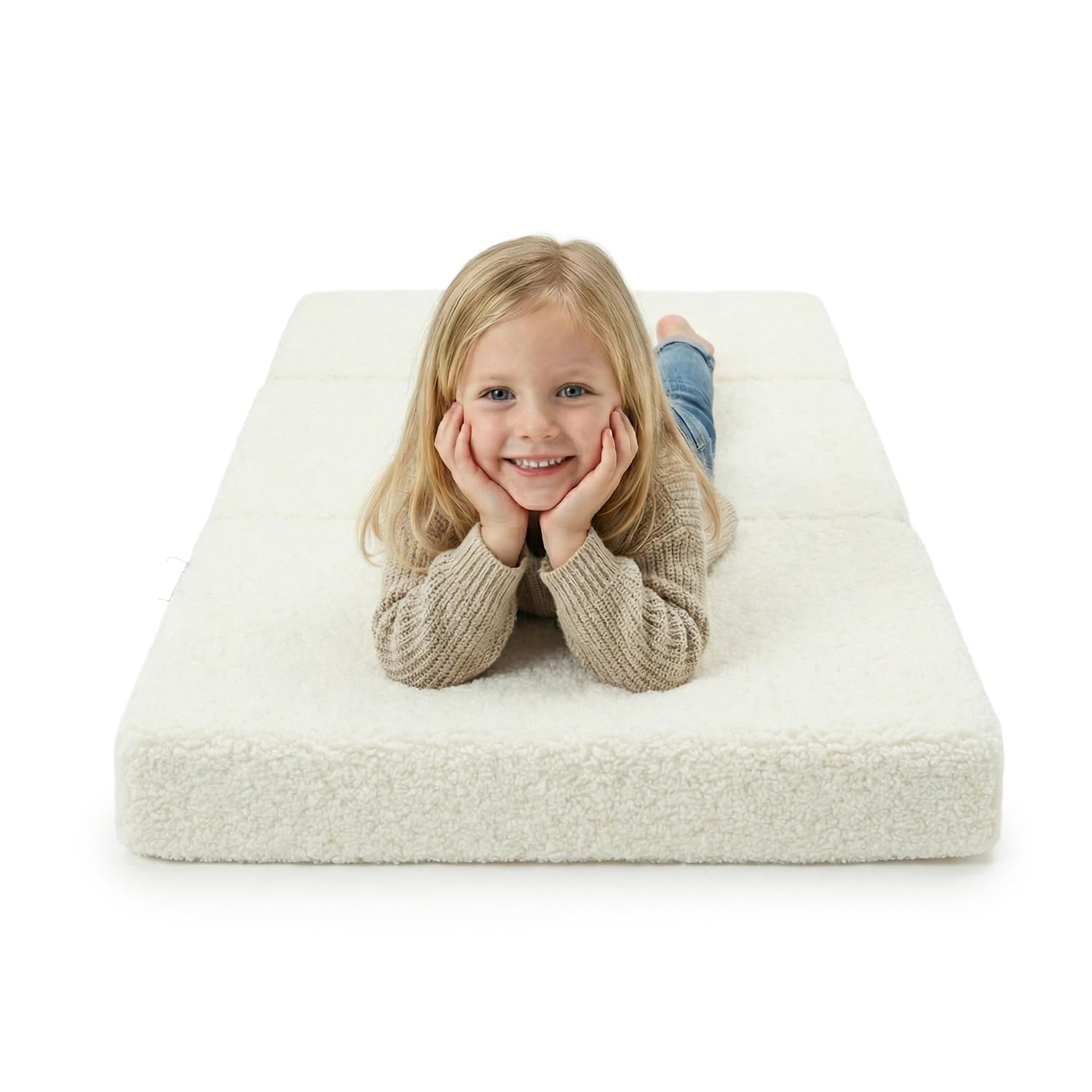 KiddyMoon Kinder Matratzen Mit Teddy-Plüsch Aufklappen Aus Schaumstoff Kindermatratze Kinderzimmer Faltmatratze, Cremig,Matratzen