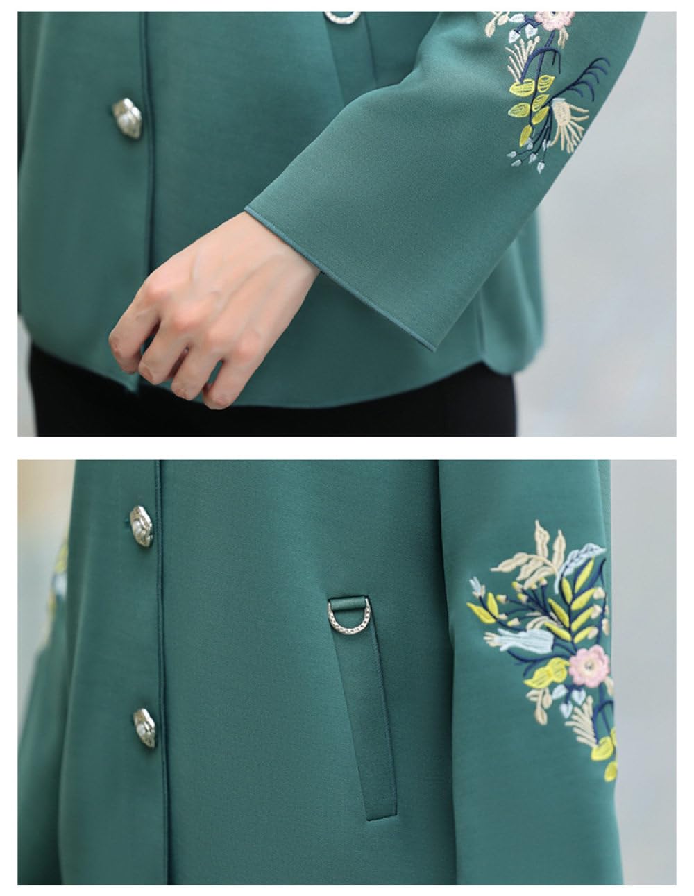 Trench da Donna Giacca Corta Ricamata Floreale,Giacca con Bottoni Colletto Rovesciato Verde con Tasca Capispalla Elegante Casual A Maniche Lunghe Giacca A