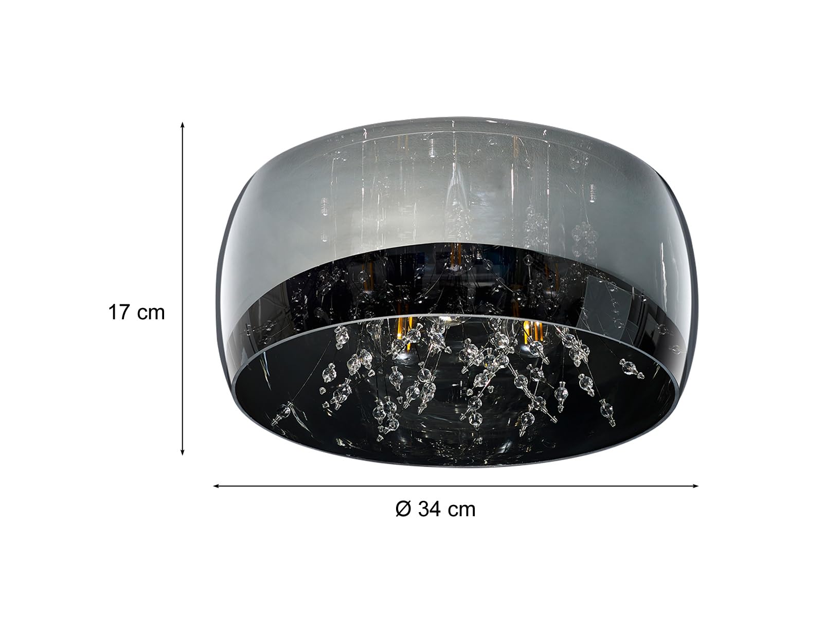 meineWunschleuchte Deckenleuchte Ø 34cm Glas Schirm Chrom verspiegelt in Rauchglas Optik mit Kristallbehang
