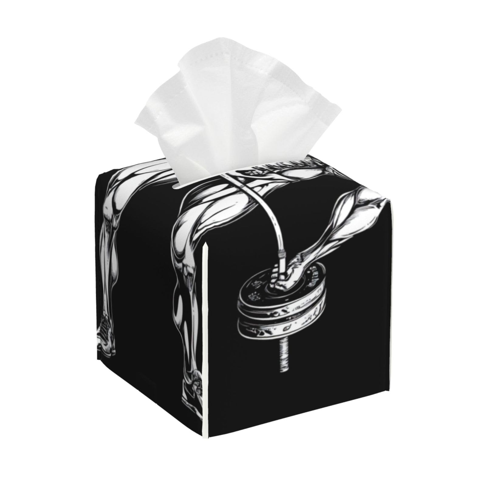 Skeleton Weightlifting Black and White Tissue Box Cover Square Pu Leather Waterproof Tissue Box Holder for Car Bathroom Bedroom Office Tabletop Decor