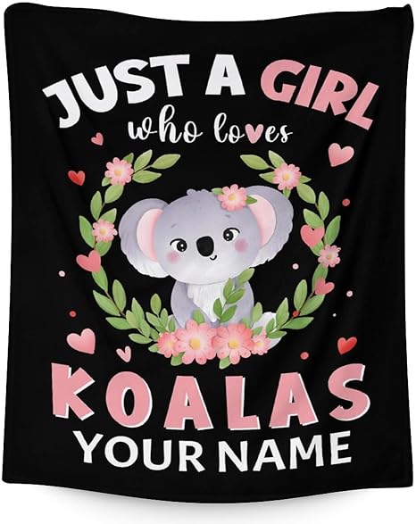 Personalized Koala Blanket Gifts with Name - 30"x40" Cute Throw for Women, Girls - Black Soft Fuzzy Blankets for Couch & Office