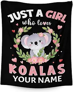 Personalized Koala Blanket Gifts with Name - 30"x40" Cute Throw for Women, Girls - Black Soft Fuzzy Blankets for Couch & Office
