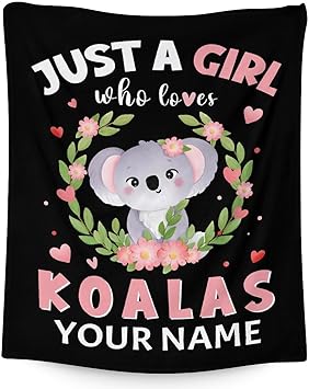Personalized Koala Blanket Gifts with Name - 30"x40" Cute Throw for Women, Girls - Black Soft Fuzzy Blankets for Couch & Office