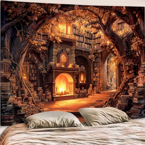 Motanber Fireplace Library Tapestry Forest Bookshelf Tapestries Wall Hanging Vintage Fantasy Fairy Tree Book Extra Large Tapestry for Bedroom Living Room Dorm Classroom 90 x 68 inch