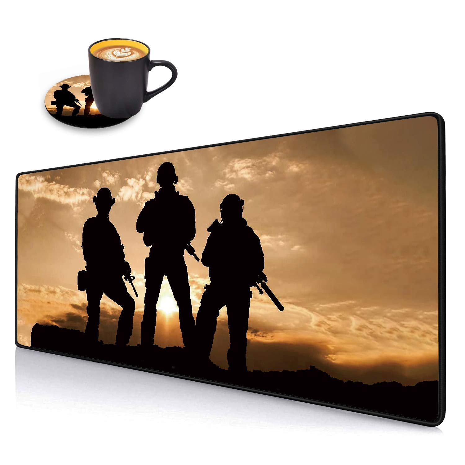 Desk Pad Mat Gaming Mouse Pads with Coasters Set, Stitched Edges Design Mouse Pad XXL Large Mouse Pad for Laptop Computers American Army Troops Military Desk Writing Mat for Office & Home 31.5