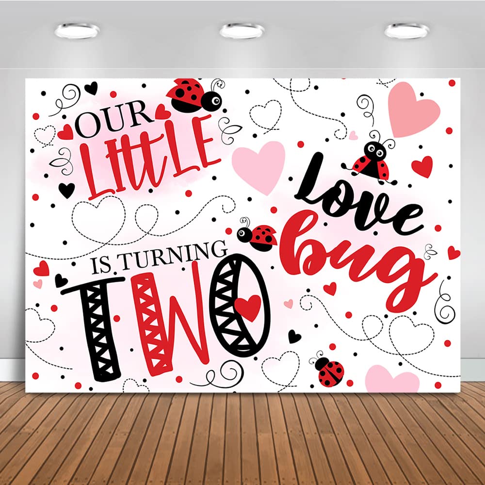 MocsickaLittle Lovebug 2nd Birthday Backdrop Ladybug Theme Two Birthday Background Valentine's Girls Birthday Party Cake Table Decorations Banner Photo Booth Props (7x5ft)