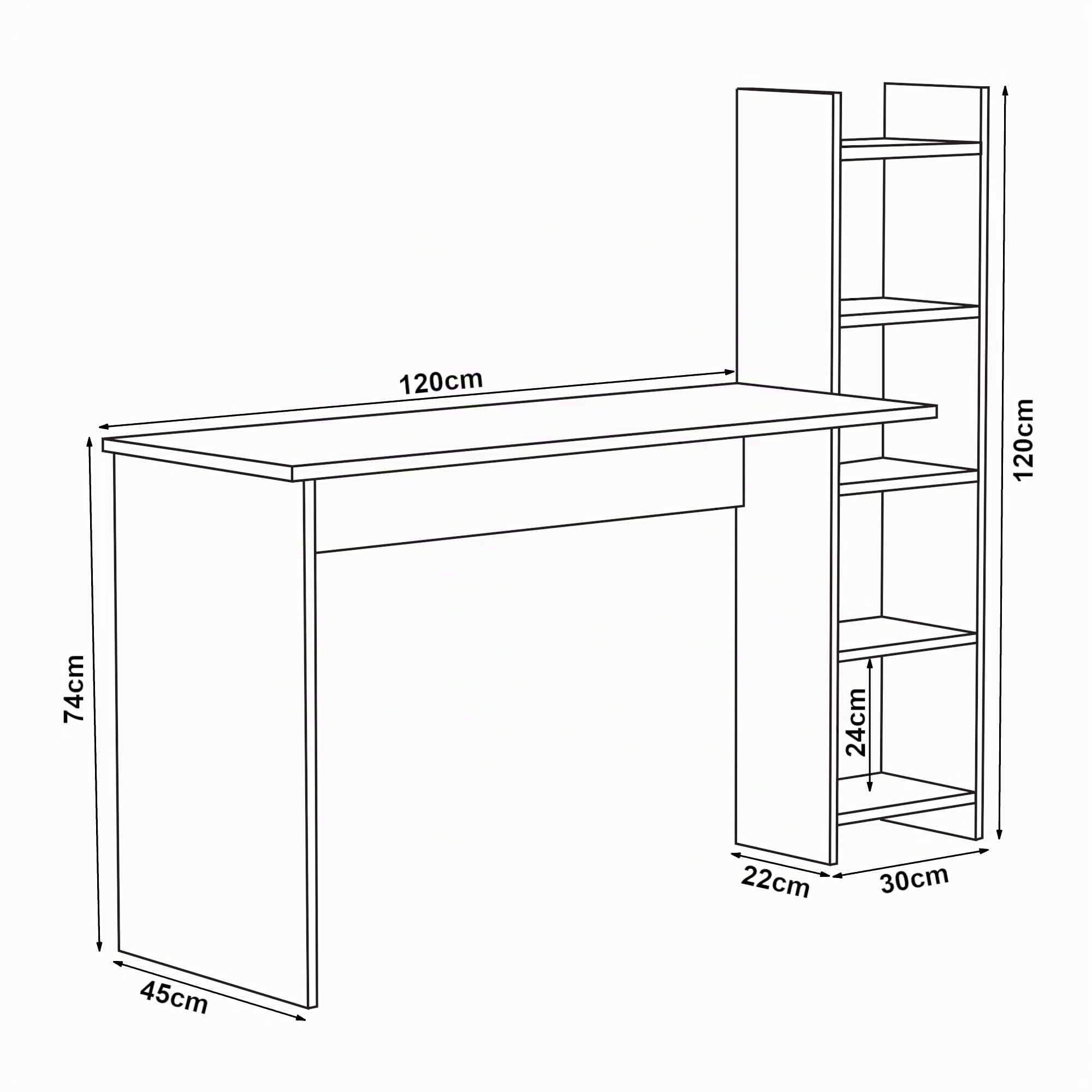 [en.casa] Scrivania con Scaffale Integrato Tavolo da Ufficio Studio con Piano 120 x 45 cm e Ripiani Laterali Postazione PC Lavoro con Scomparti Aperti per Archiviazione - Bianco