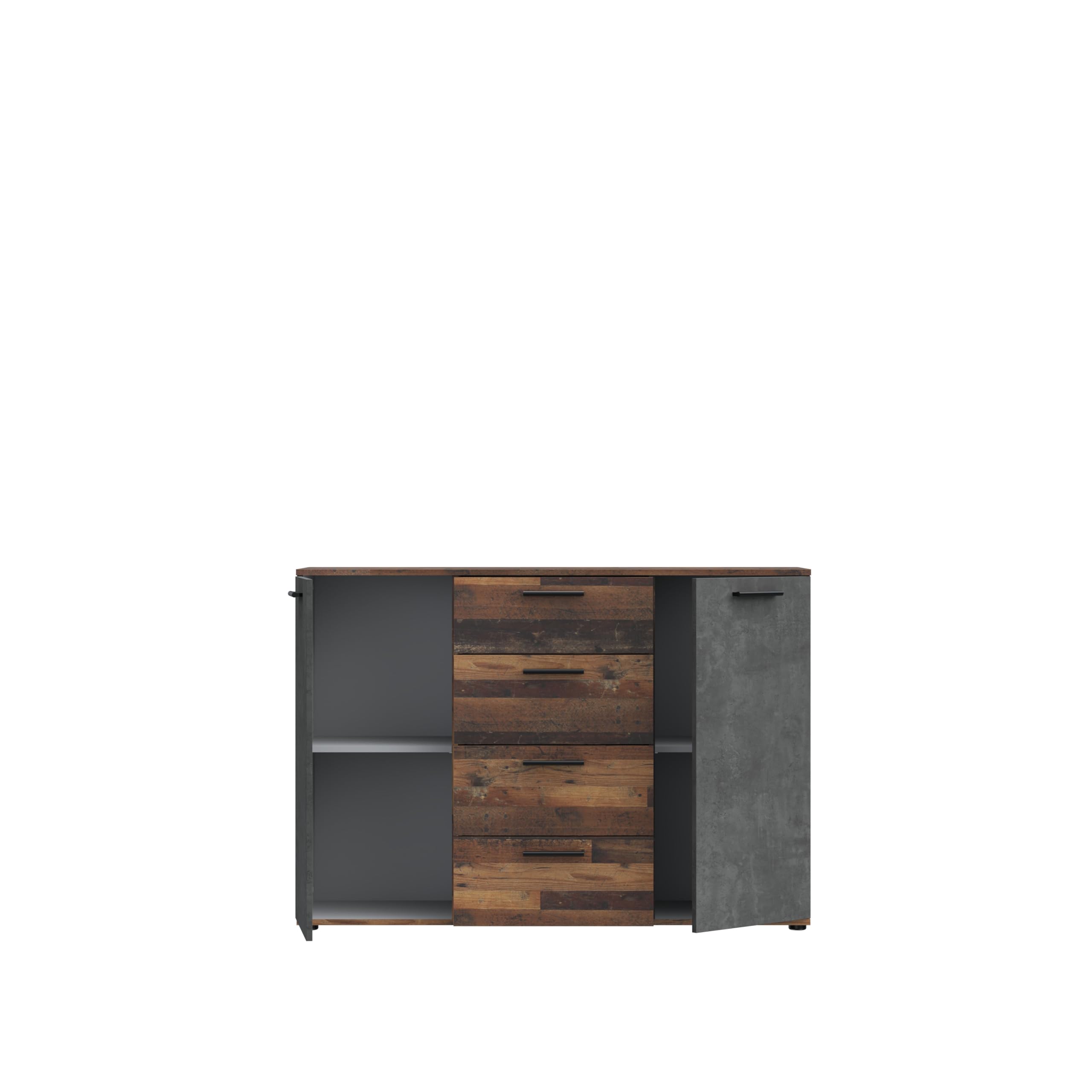 Forte ATTALYAR Kommode mit 4 Schubladen und 2 Türen, Holzwerkstoff, Old – Wood Vintage/Betonoptik Dunkelgrau, B x H x T: 129,6 x 91,3 x 38 cm