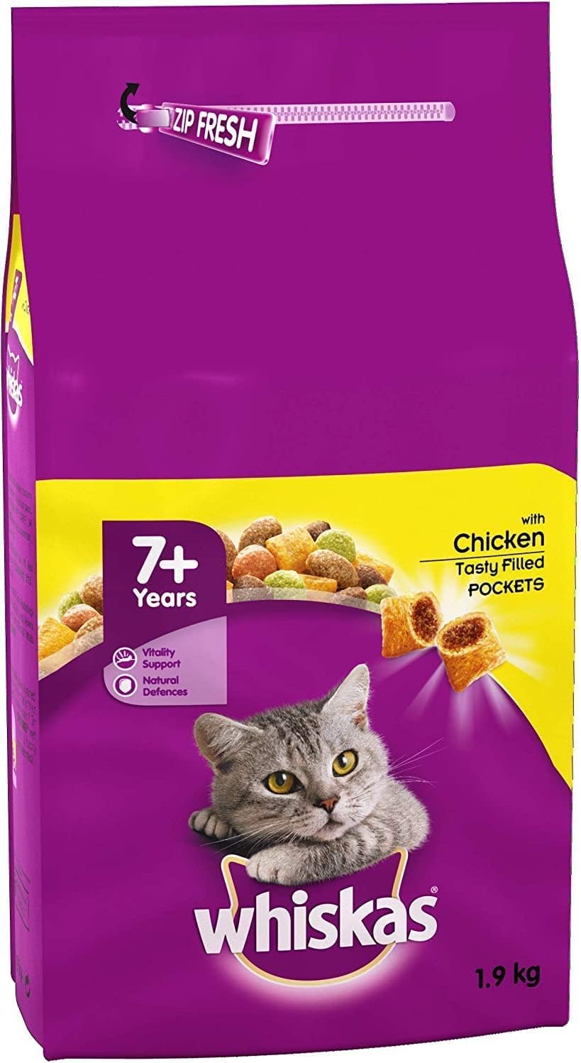 Whiskas Senior 7+ Complete Dry Cat Food, with Chicken, suitable for
