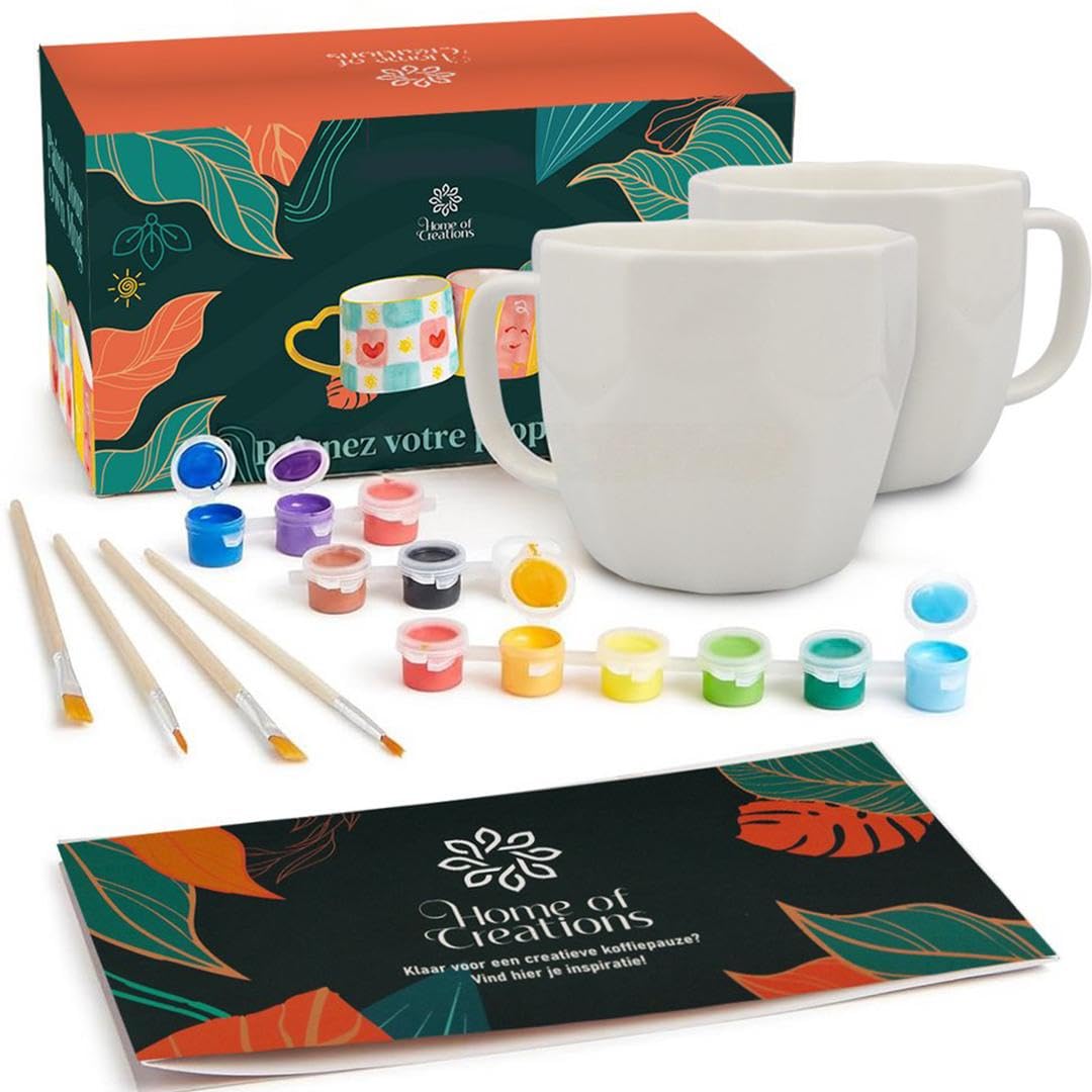 Home of creations Kit Peinture sur Céramique – Coffret Créatif avec 2 Grands Mugs Blancs, Peintures Spéciales Porcelaine et Pinceaux – Activité DIY et Cadeau Personnalisé pour Adultes et Enfants