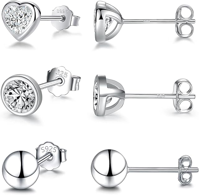 SAKUNALA 925 Sterling Silver Stud Earrings for Women Girls, Solid Silver Sleeper Stud Earrings Set, Small Cubic Zirconia Cartilage Stud Earrings Set, Earrings Set for Multiple Piercings, 4mm*3 Pairs