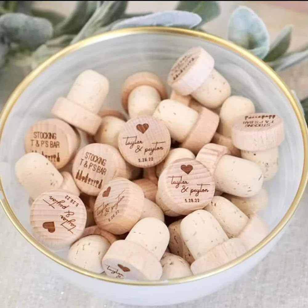 Tapones de corcho de vino de madera personalizados, tapón de corcho personalizado, ideas de fiesta de boda, recuerdos de agradecimiento para invitados, tapones de vino para boda (100 unidades)