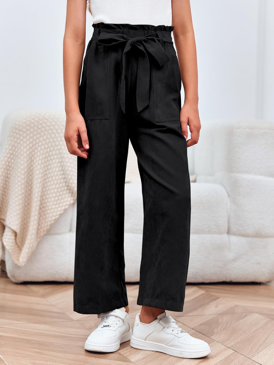 Meikulo Girls Paper Bag Wide Leg Pants Kids Fashion High Waisted Elastic Waist Trousers with Pockets 7-14 Years - Image 4