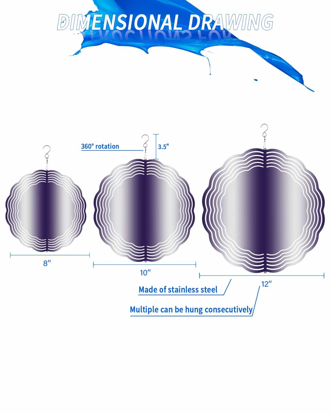 Gradient Wind Spinners, Purple White Hanging Wind Spinners for Yard and Garden 3D Stainless Steel Metal Sculptures Crafts Ornaments 12 Inch