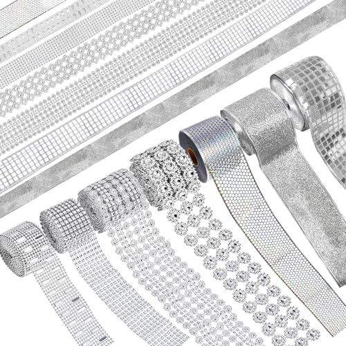 Homecoming Mum Ribbon Decoration Wrap Trim Crystal Rhinestone Ribbon Set Bling Mesh Fabric for Crafts 38 Yards 7 Rolls Diamond Lace Decor for DIY Wedding Birthday Party Phone Car Supplies