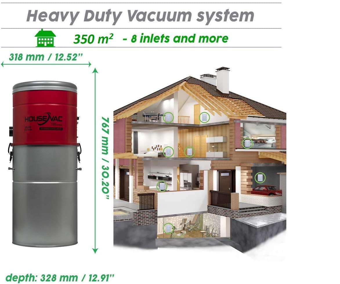 Aspirapolvere centrale HV-755ST-35H + kit di accessori per la pulizia della vostra casa, potenza di aspirazione 755 AirWatts, motore Ametek da 1700 W, 2 turbine, Soft Start/Stop