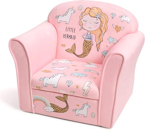 Miniatura 12 de HONEY JOY Sofá para niños, sillón para niños pequeños con patrón Flyman, mini muebles de sala de juegos para niños, construcción de madera Flyman