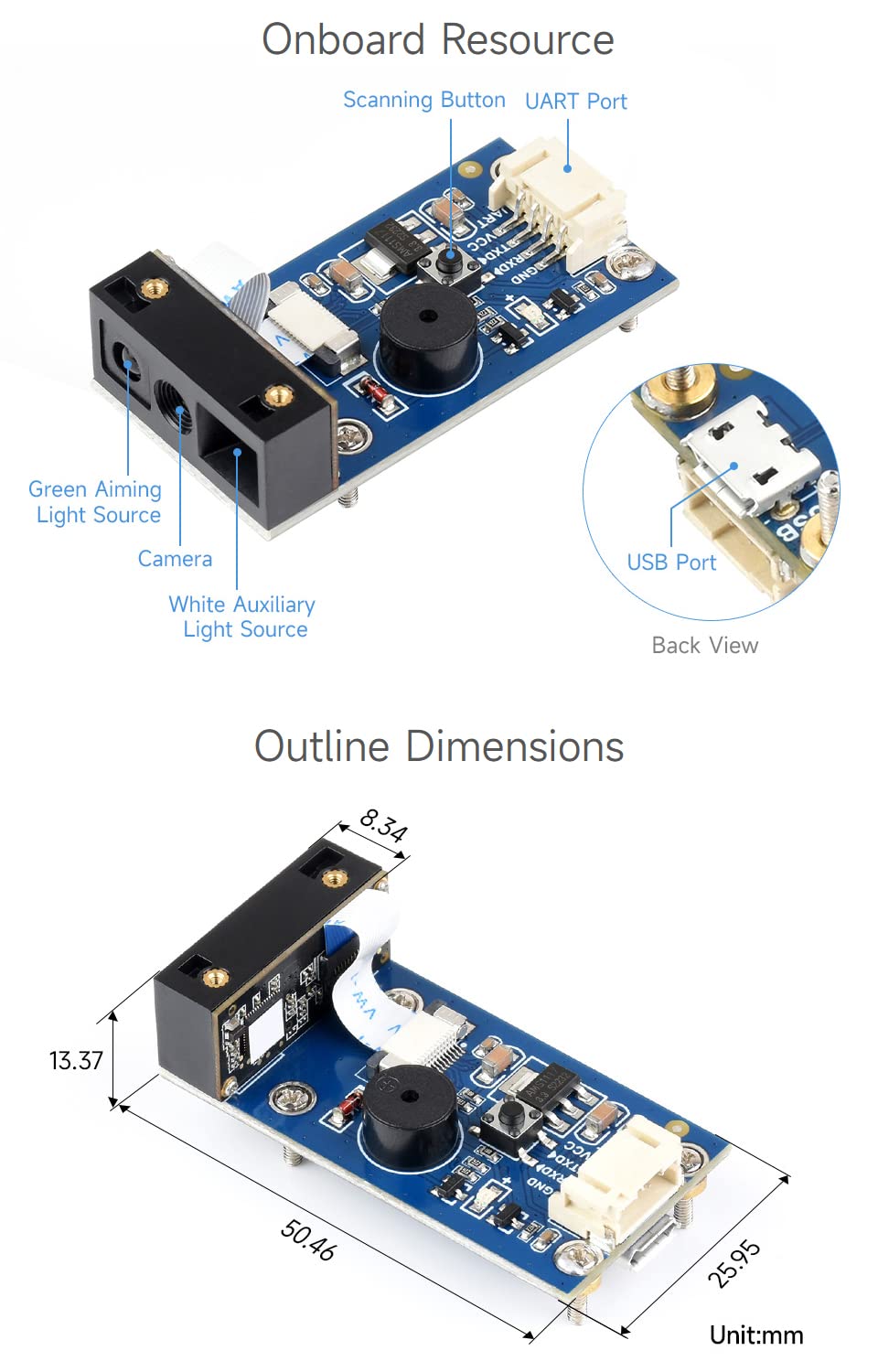 Waveshare 2D Codes Scanner Module (C), Supports High Accuracy Barcode Scanning, Barcode/QR Code Reader,1D/2D Codes Recognition,High Accuracy,Screen Scanning