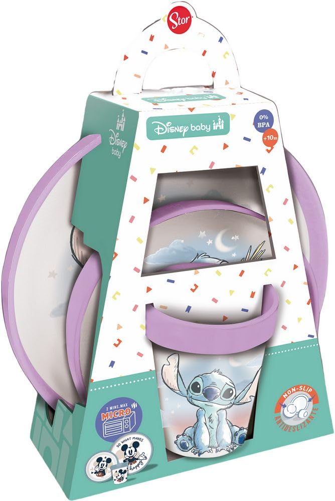 Gift Set 3 pièces antidérapant Bicolor Stitch Set pour enfants avec soucoupe, cuillère et tasse Base antidérapante, silicone alimentaire, design Disney Idéal pour sevrage, premiers