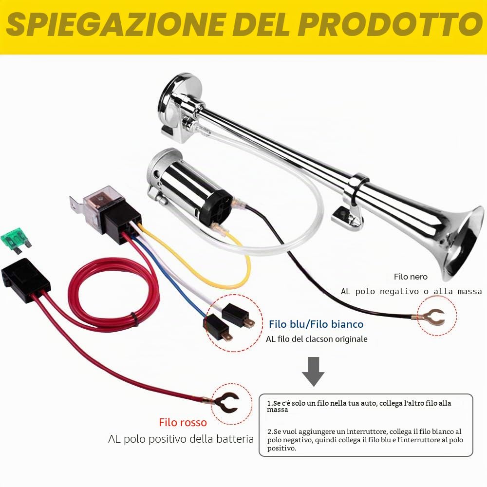 GAMPRO 12V 150dB Air Horn, 45cm Chrome Zinc Single Trumpet Air Horn con compressore per qualsiasi 12V Veicoli Camion Lorrys Treni Barche Automobili