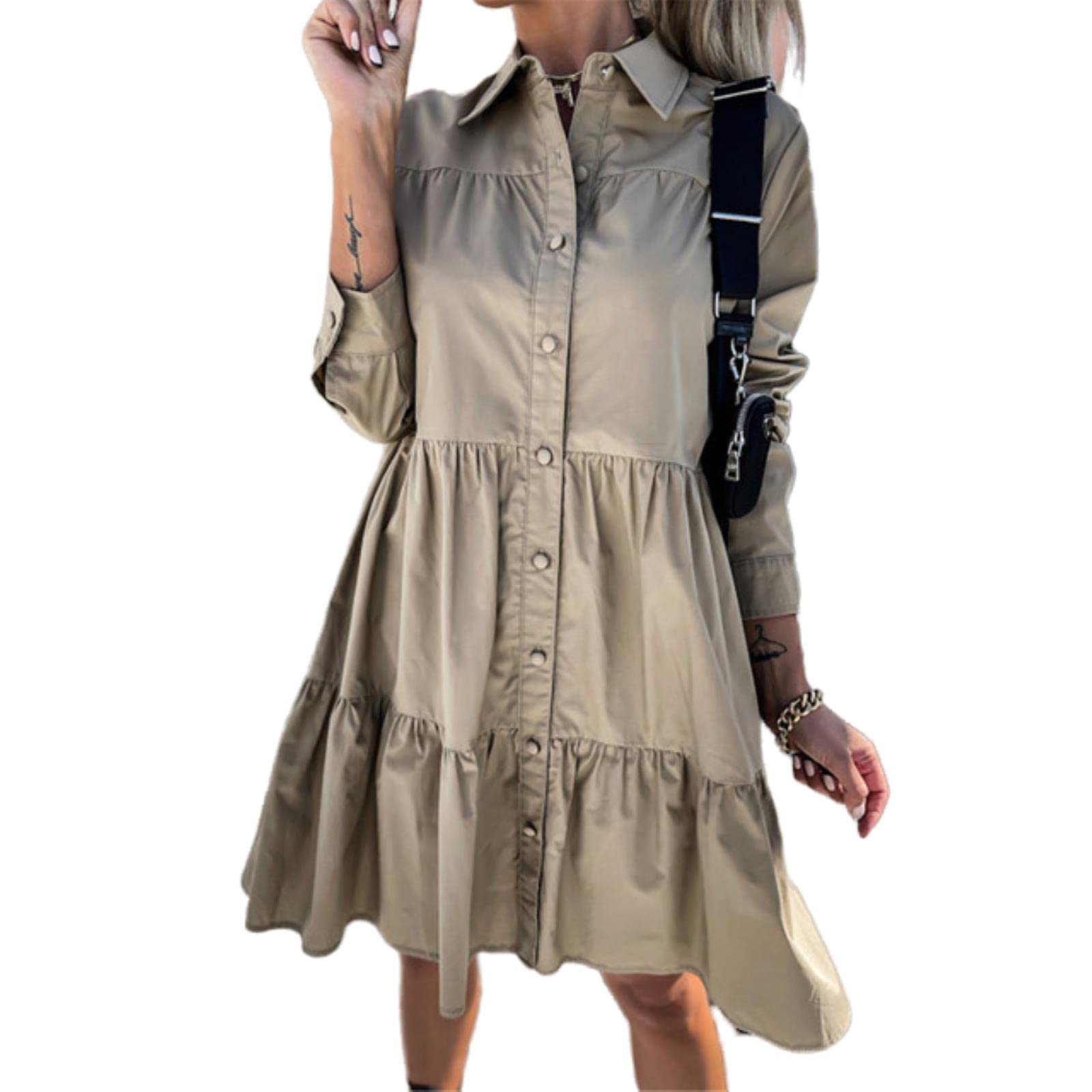 SUYGGCK Letnie sukienki dla kobiet kobiet na co dzień koszula sukienka z długim rękawem luźna moda falbanka linia A sukienka damska elegancka biuro damskie mini sukienki