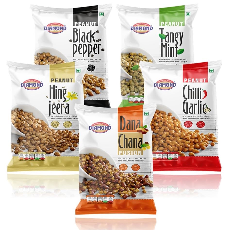 Image of DIAMOND SING - 5 Flavoured Peanuts Combo Pack, Roasted, 150 Gm Each | Black Pepper Peanut, Hing Jeera Peanut, Chilli Garlic Peanut, Tangy Mint Peanut, Dana Chana Fusion | Nitrogen Pack (Pack Of 5)