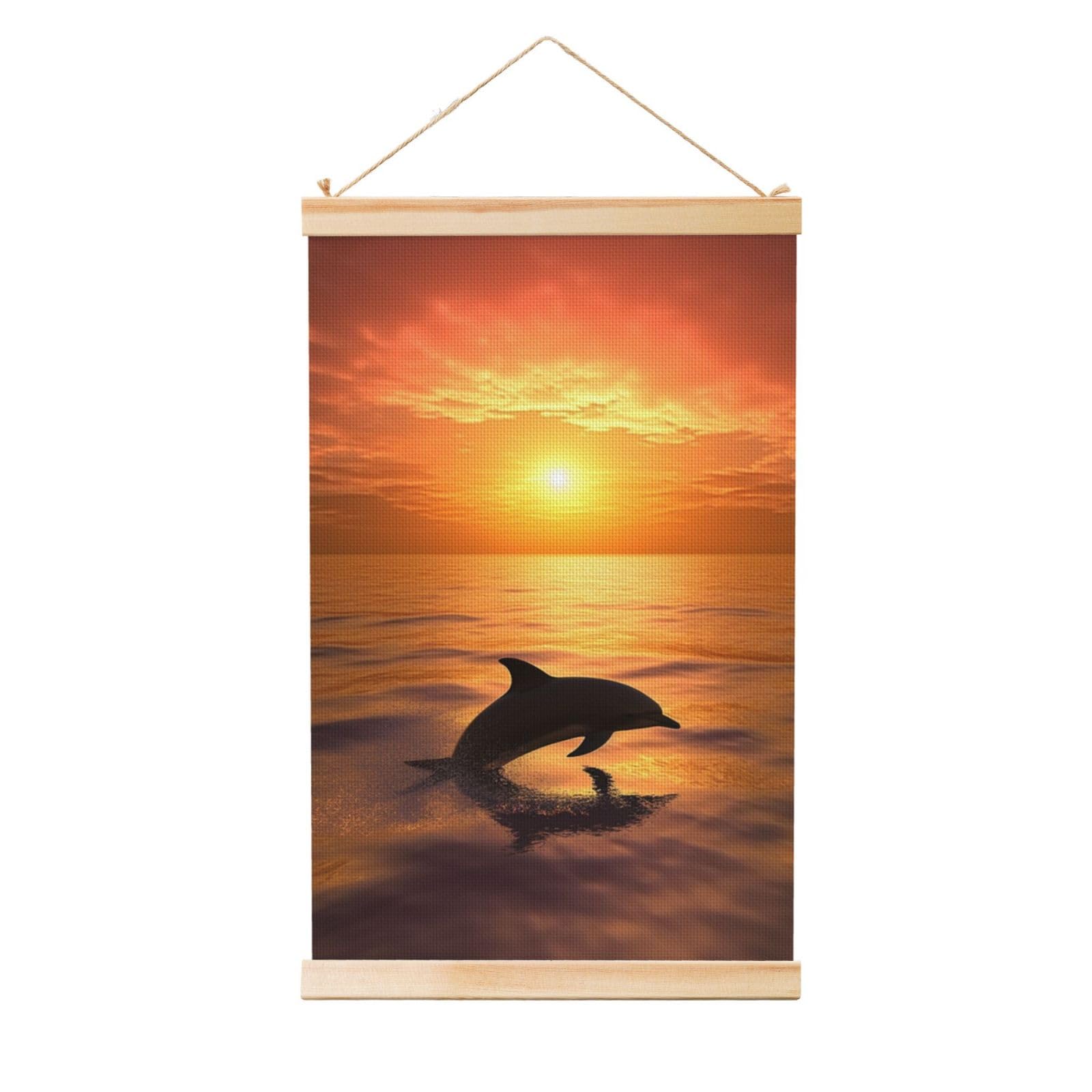 Dolphin and sunset Posters Wooden Shaft Hanging Poster Canvas Prints Scroll Wall Art Painting Vintage Wall Banner Modern Artwork Decor for Home Decor Ready to Hang 16"x24"