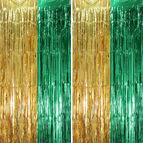Image of Voircoloria 2 Pack Green and Gold Foil Fringe Backdrop Curtains, Tinsel Streamers Party Decorations, Fringe Backdrop, Door Shimmer for Graduation or Birthday Party