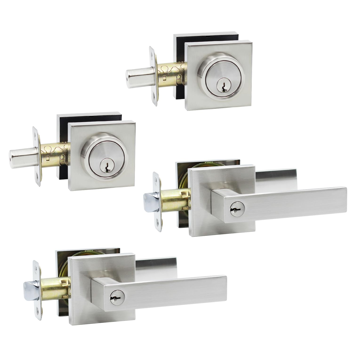 Solidware Entry Door Lock Set and Single Cylinder Deadbolt Combo,Keyed Alike Heavy Duty Square Door Locksets, Satin Nickel Front Door Handle and Deadbolt Set (2 Pack)