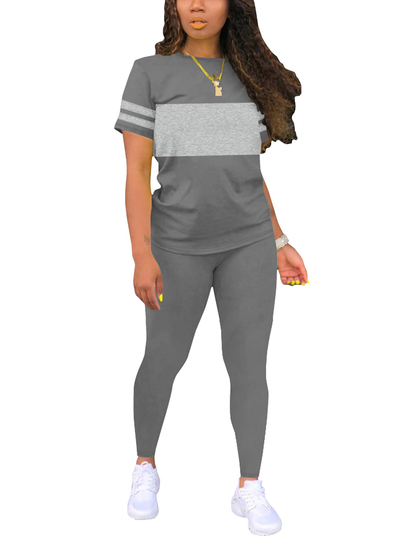 Two Piece Sets for Women Summer Short Sleeve Striped Crewneck Slim Fit Active Casual Sweatsuits-image-24
