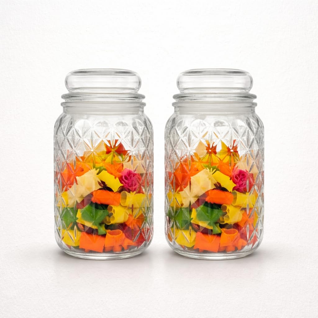 MACHAK Premium Kitchen Storage Round Glass Jar Container With Air-Tight Leak Proof Glass Lid | Diamond Texture Design | 750 Ml | (2)